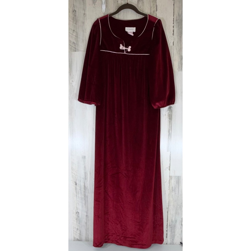 Integral Velvet Nightgown Maxi House Dress Burgundy Vintage Frog Knot Loungewear